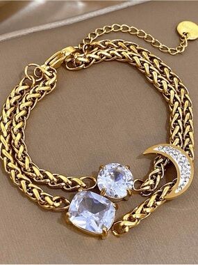 New 18K Gold Plated CZ Crescent Moon Bracelet - Charm and Statement Bracelet